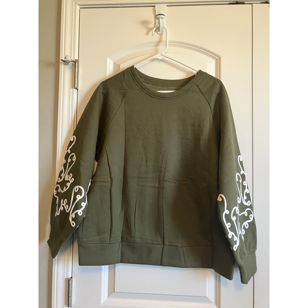 Accent Crew Neck Pullover Women Size S Olive Green New Oversized Embroidered